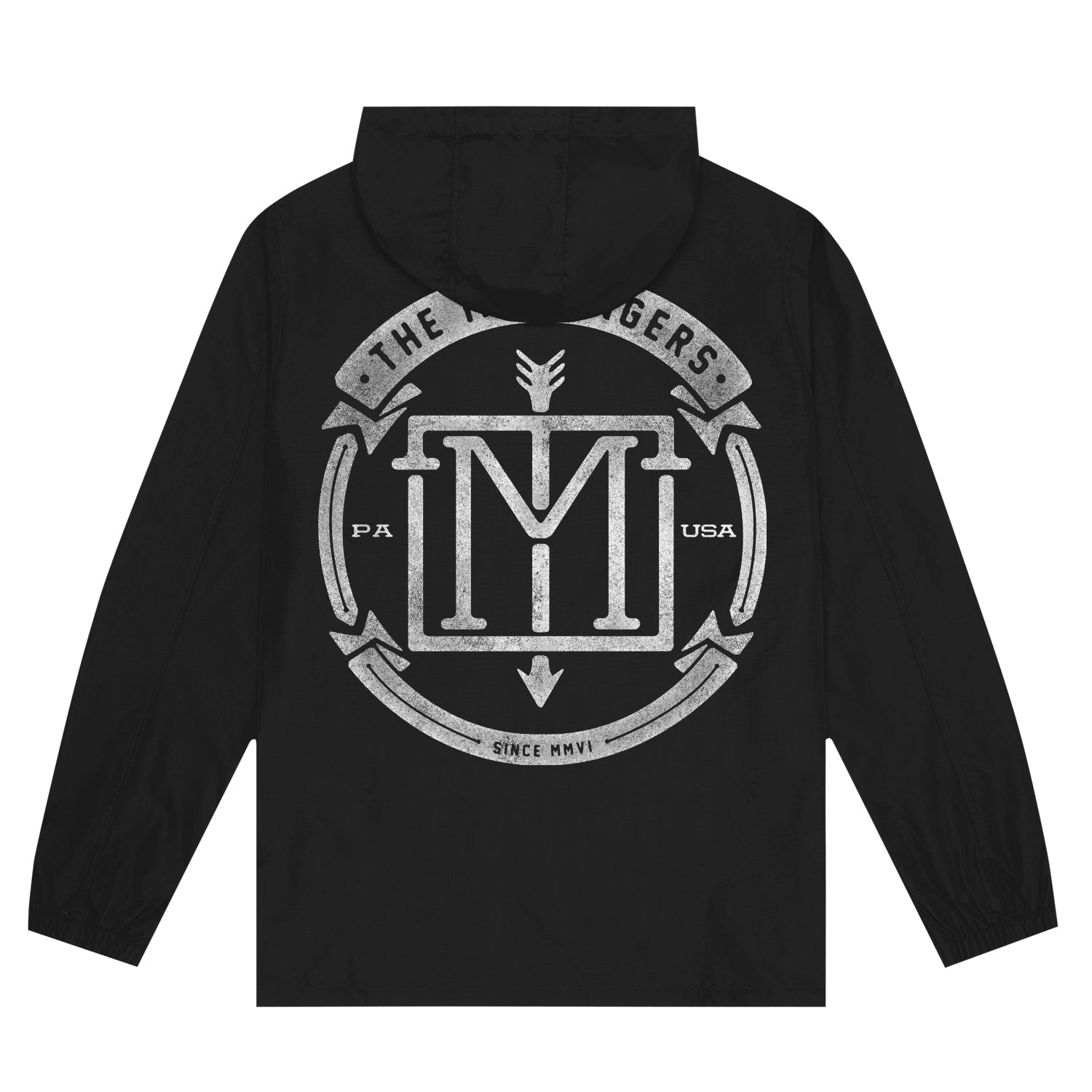 image of the back of a black pullover windbreaker jacket on a white background. the back of the jacket has a full back print in whiteof a circle with the menzingers emblem logo in the center. it also says in arched text at the top the menzingers