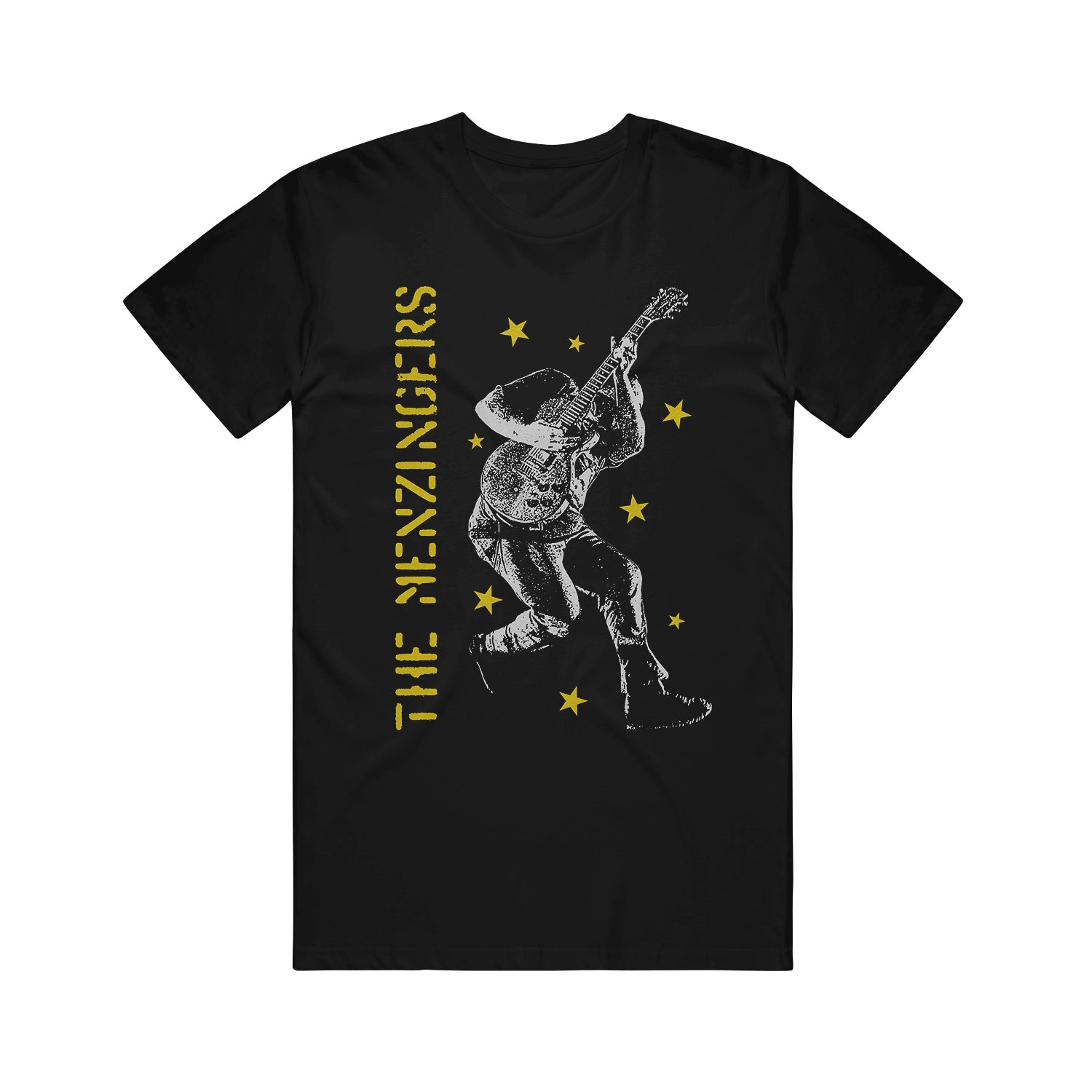 image of the front of a black tee shirt on a white background. tee has a full body print in yellow on the left side vertically says the menzingers with yellow stars all over and in white an image of a man playing a guitar.