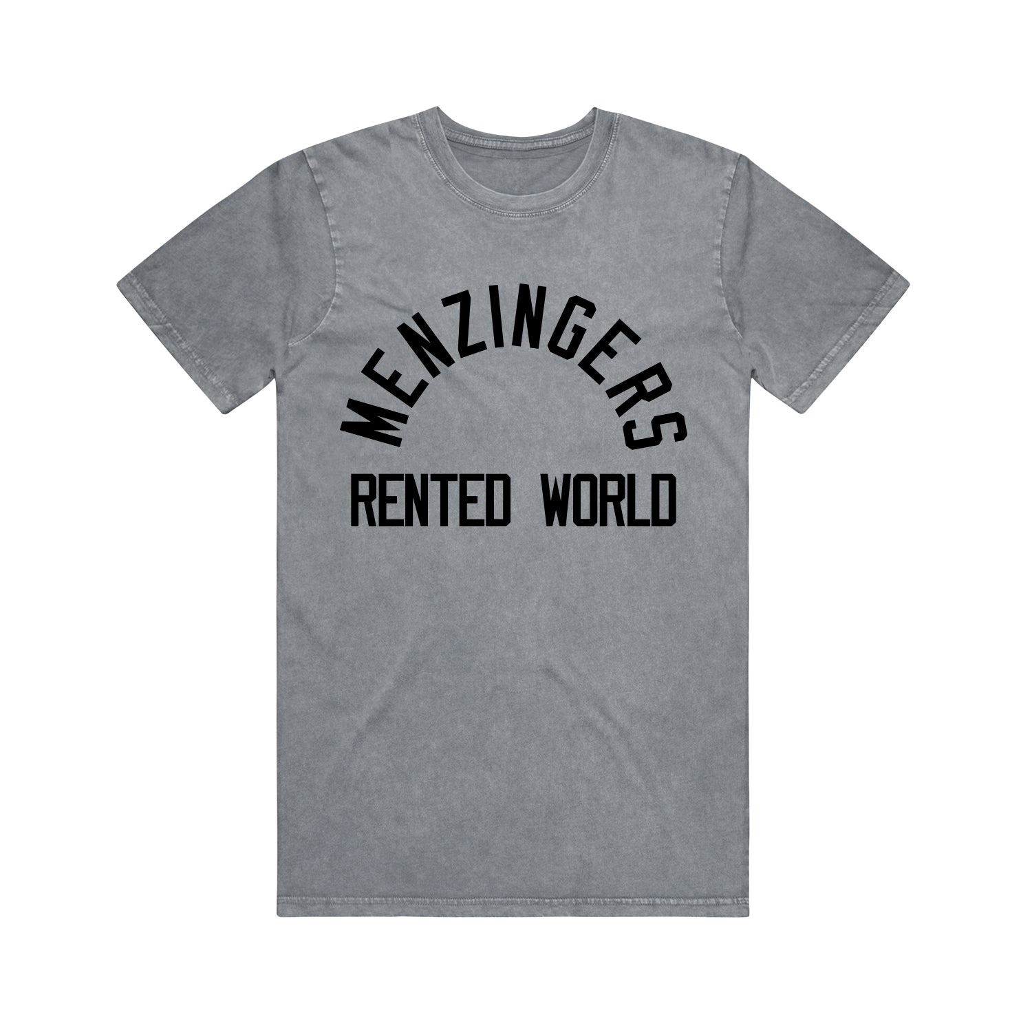 ash stone wash tee shirt on a white background. tee has full chest print in black with arched text on the top that says menzingers. below that horizonatlly it says rented world.