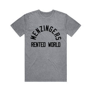 ash stone wash tee shirt on a white background. tee has full chest print in black with arched text on the top that says menzingers. below that horizonatlly it says rented world.