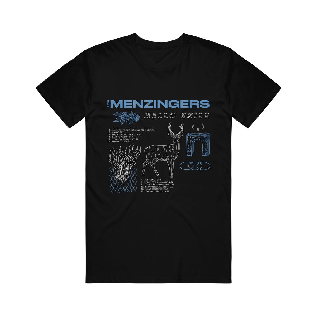 image of black tee shirt on white background. tee has full chest print. along the top in blue saus the menzingers and has several images below. including blue flower, white deer, the words hello exile in white, and cinder block and the track list to the menzingers album hello exile.