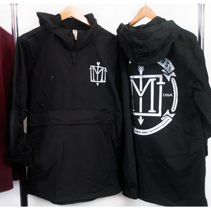 image of the front and back of a black pullover windbreaker jacket hanging on a white background. the front of the jacket is on the left and has a small chest print on the right in white of the menzingers emblem logo. the back of the jacket is on the right and has a full back print in whiteof a circle with the menzingers emblem logo in the center. it also says in arched text at the top the menzingers
